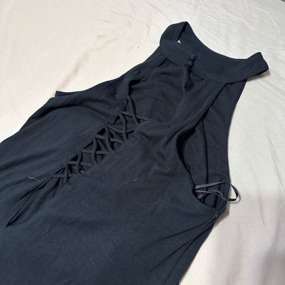 Asymmetrical sleeveless high collar tank